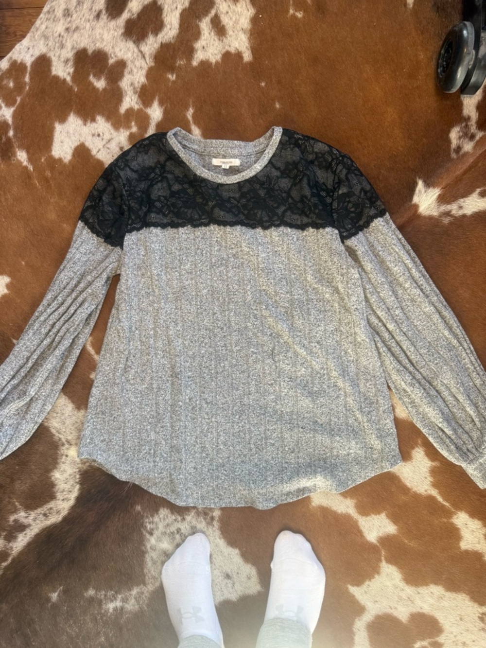 Maurices Gray Top with Black Lace Yoke